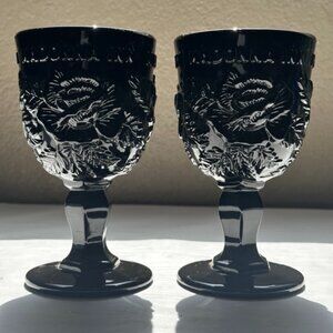 PAIR of Madonna Inn Fenton Goblets – Wright Wild Rose Pattern – Large Heavy 6.5”